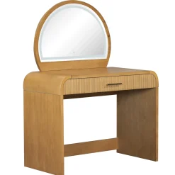 Walker Edison | Natural Reeded Curve Design Makeup Vanity Desk with Mirror