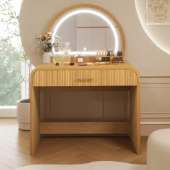 Walker Edison | Natural Reeded Curve Design Makeup Vanity Desk with Mirror