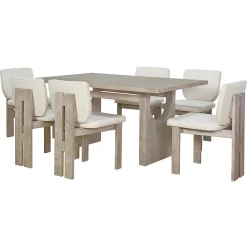 Walker Edison | Natural Wood Wash 7-Piece Retro Dining Set with 6 Upholstered Chairs