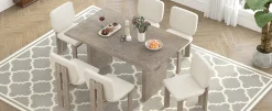 Walker Edison | Natural Wood Wash 7-Piece Retro Dining Set with 6 Upholstered Chairs