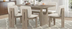 Walker Edison | Natural Wood Wash 7-Piece Retro Dining Set with 6 Upholstered Chairs
