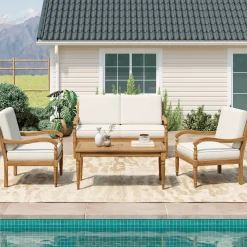 Walker Edison | Outdoor Acacia Wood Patio 4 Piece Sofa Set
