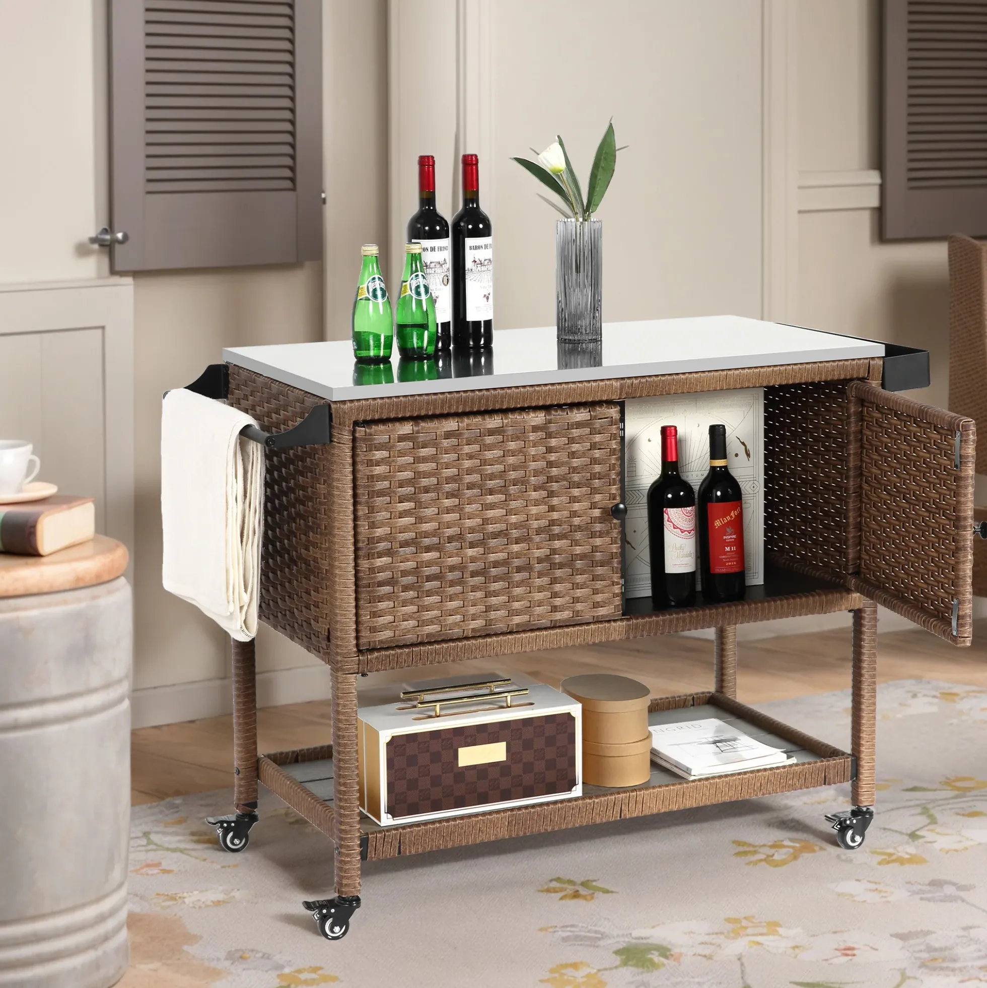 Walker Edison | Outdoor Brown Wicker Bar Cart