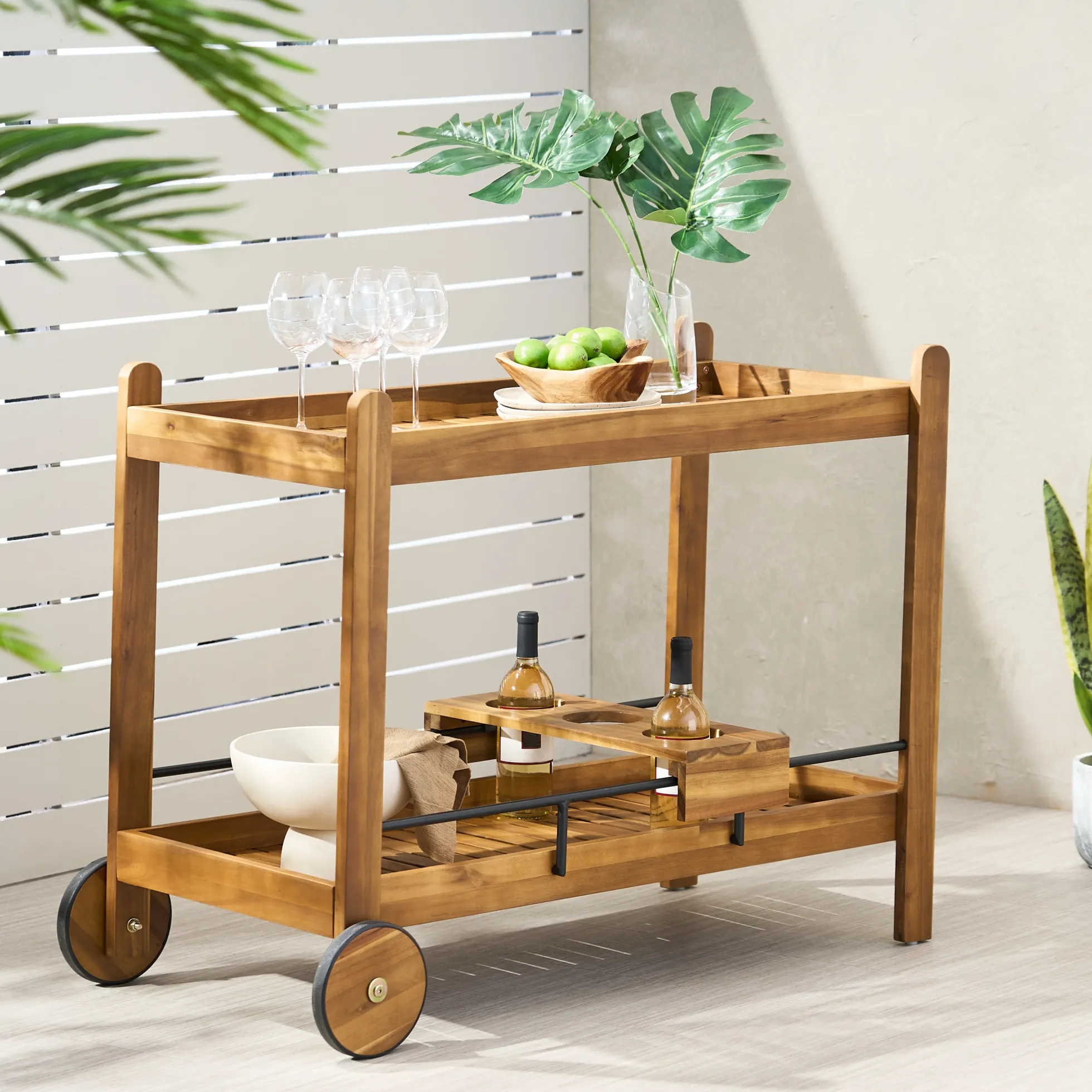 Walker Edison | Outdoor Patio Wood Bar Cart for Storage