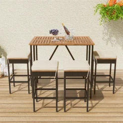 Walker Edison | Outdoor 5-Piece Acacia Wood Bar Height Table And Stool Set