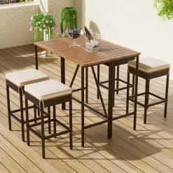 Walker Edison | Outdoor 5-Piece Acacia Wood Bar Height Table And Stool Set