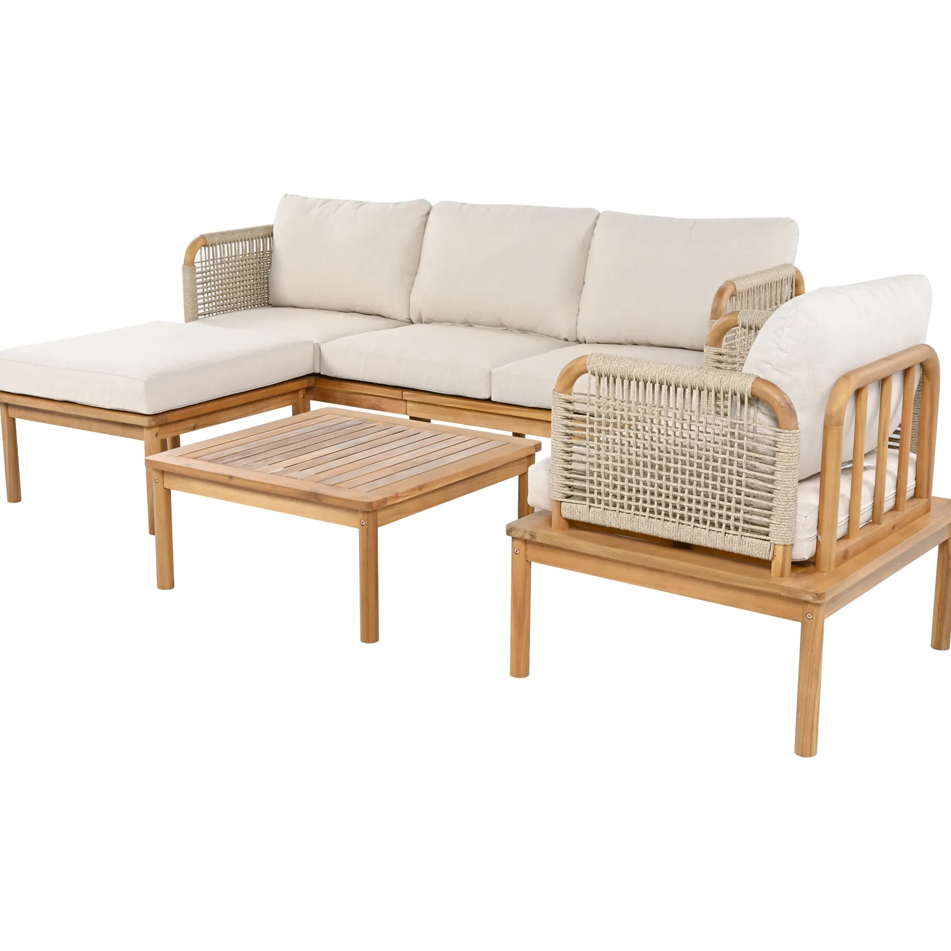 Walker Edison | Outdoor 4-piece Acacia Wood and Rope Patio Sofa Set