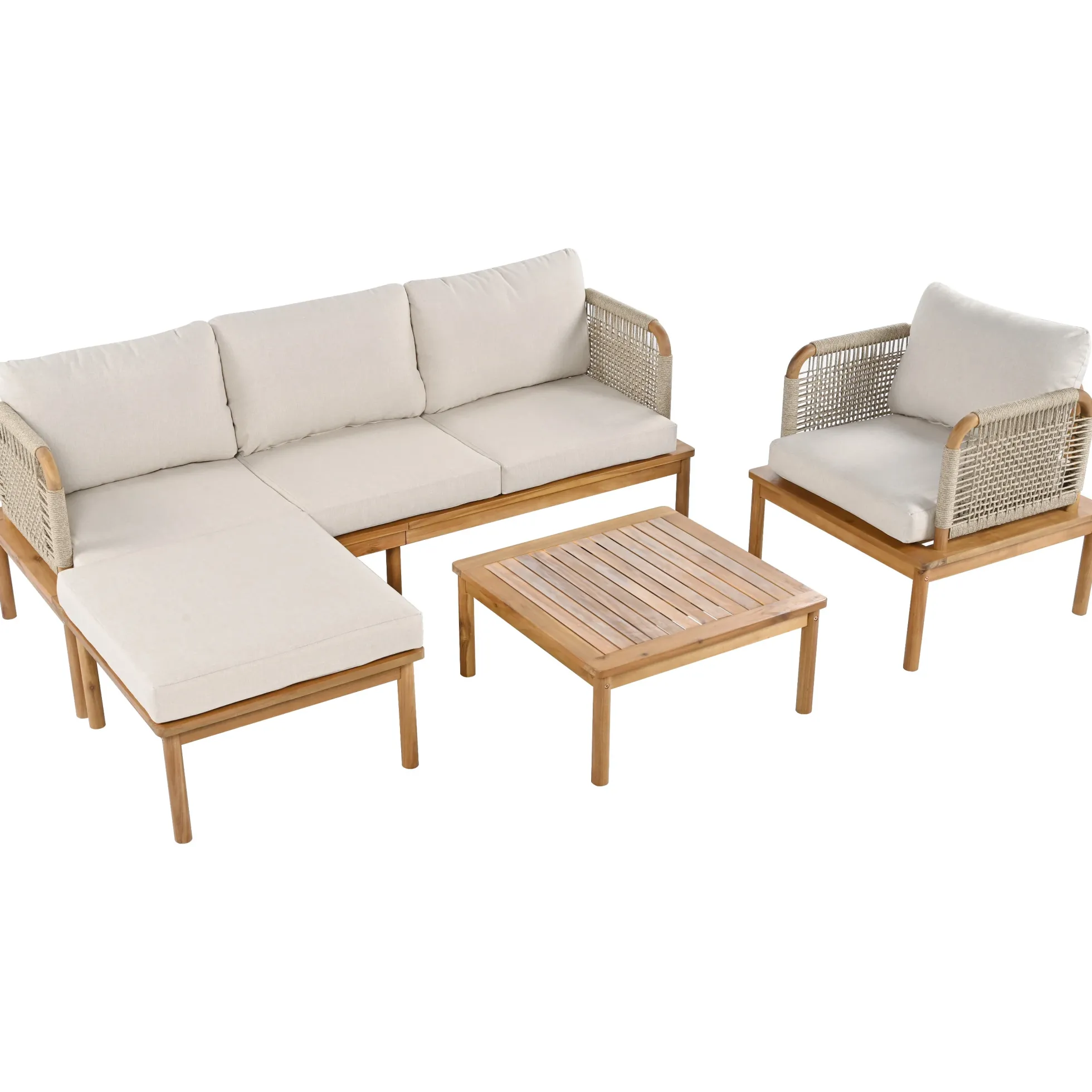 Walker Edison | Outdoor 4-piece Acacia Wood and Rope Patio Sofa Set