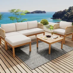 Walker Edison | Outdoor 4-piece Acacia Wood and Rope Patio Sofa Set