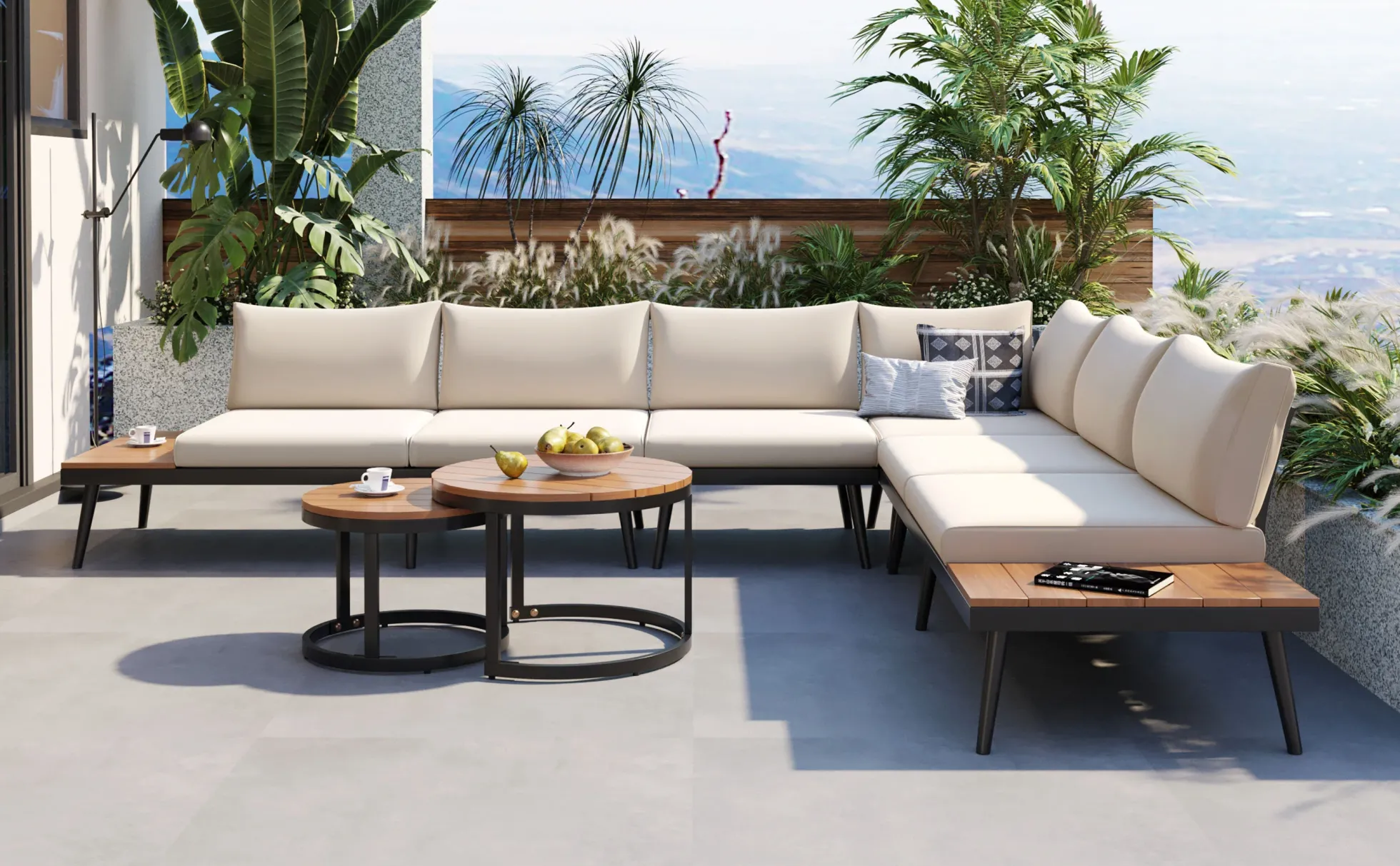 Walker Edison | 6-Piece Outdoor Sectional Sofa Set with Nesting Coffee Tables Beige