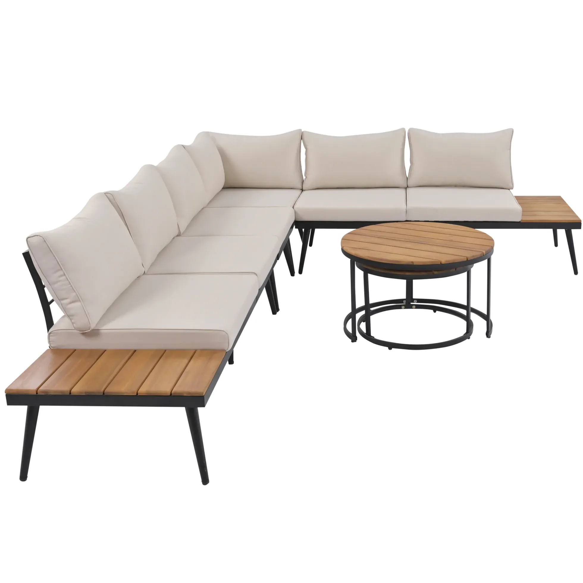 Walker Edison | 6-Piece Outdoor Sectional Sofa Set with Nesting Coffee Tables Beige
