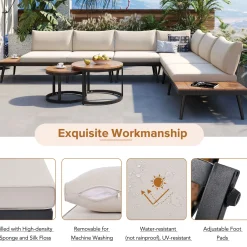 Walker Edison | 6-Piece Outdoor Sectional Sofa Set with Nesting Coffee Tables Beige