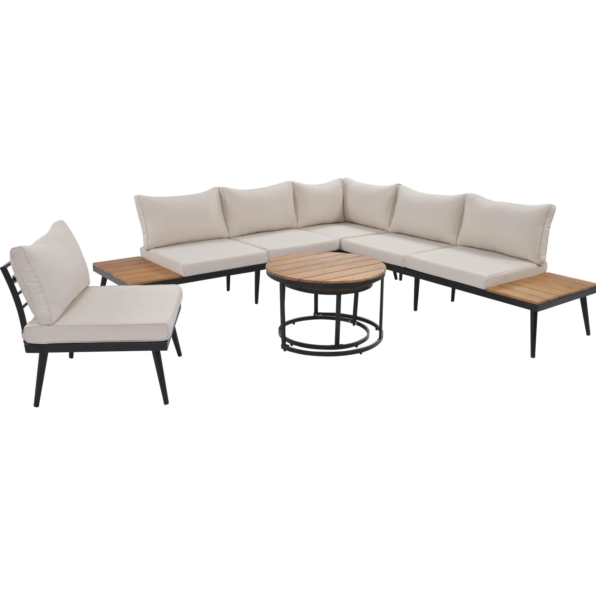 Walker Edison | 6-Piece Outdoor Sectional Sofa Set with Nesting Coffee Tables Beige
