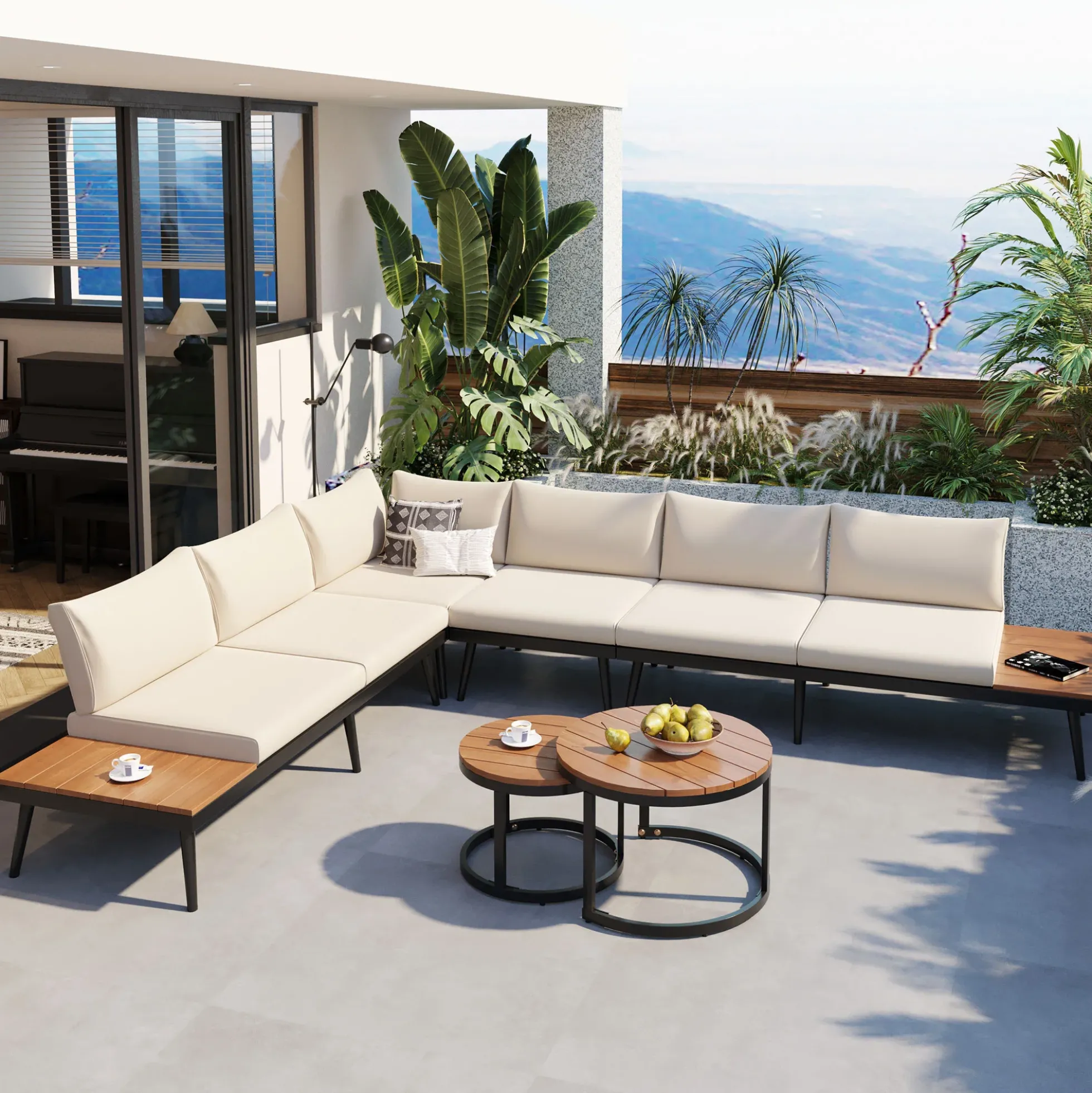Walker Edison | 6-Piece Outdoor Sectional Sofa Set with Nesting Coffee Tables Beige