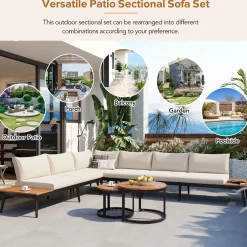 Walker Edison | 6-Piece Outdoor Sectional Sofa Set with Nesting Coffee Tables Beige