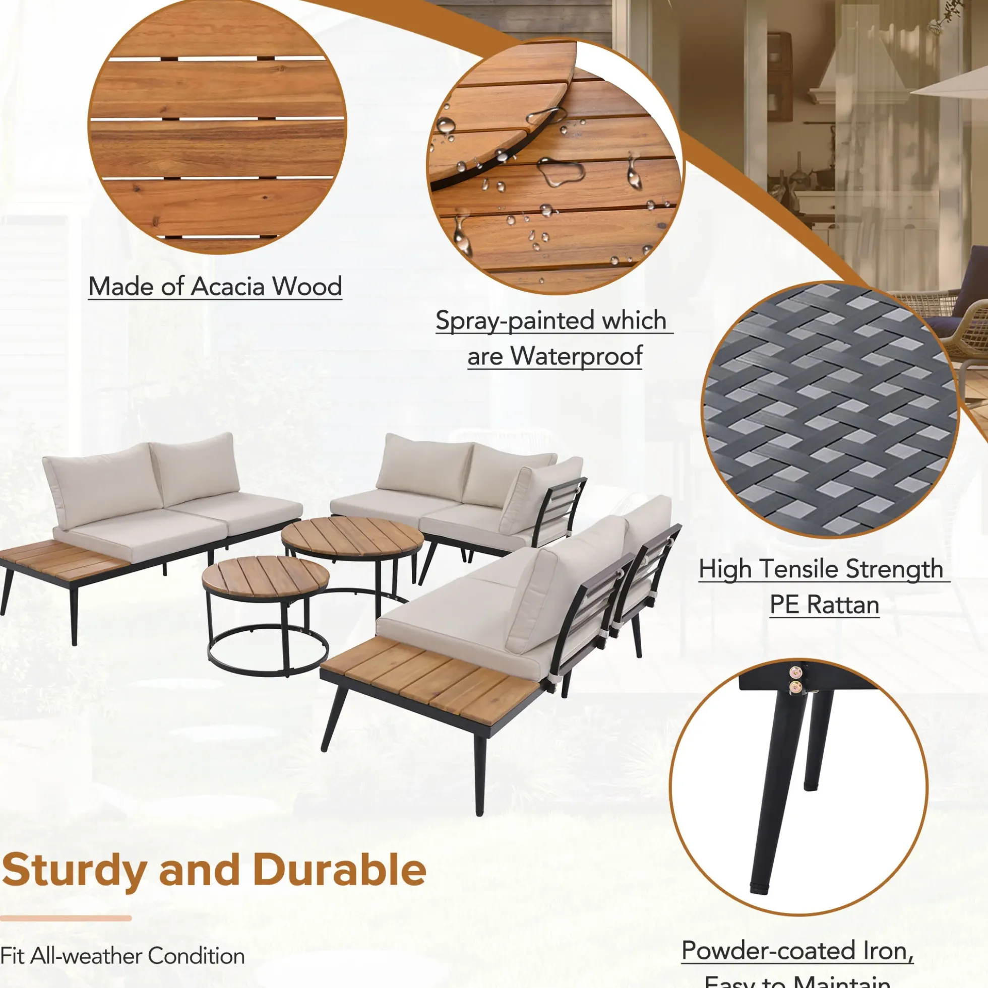 Walker Edison | 6-Piece Outdoor Sectional Sofa Set with Nesting Coffee Tables Beige