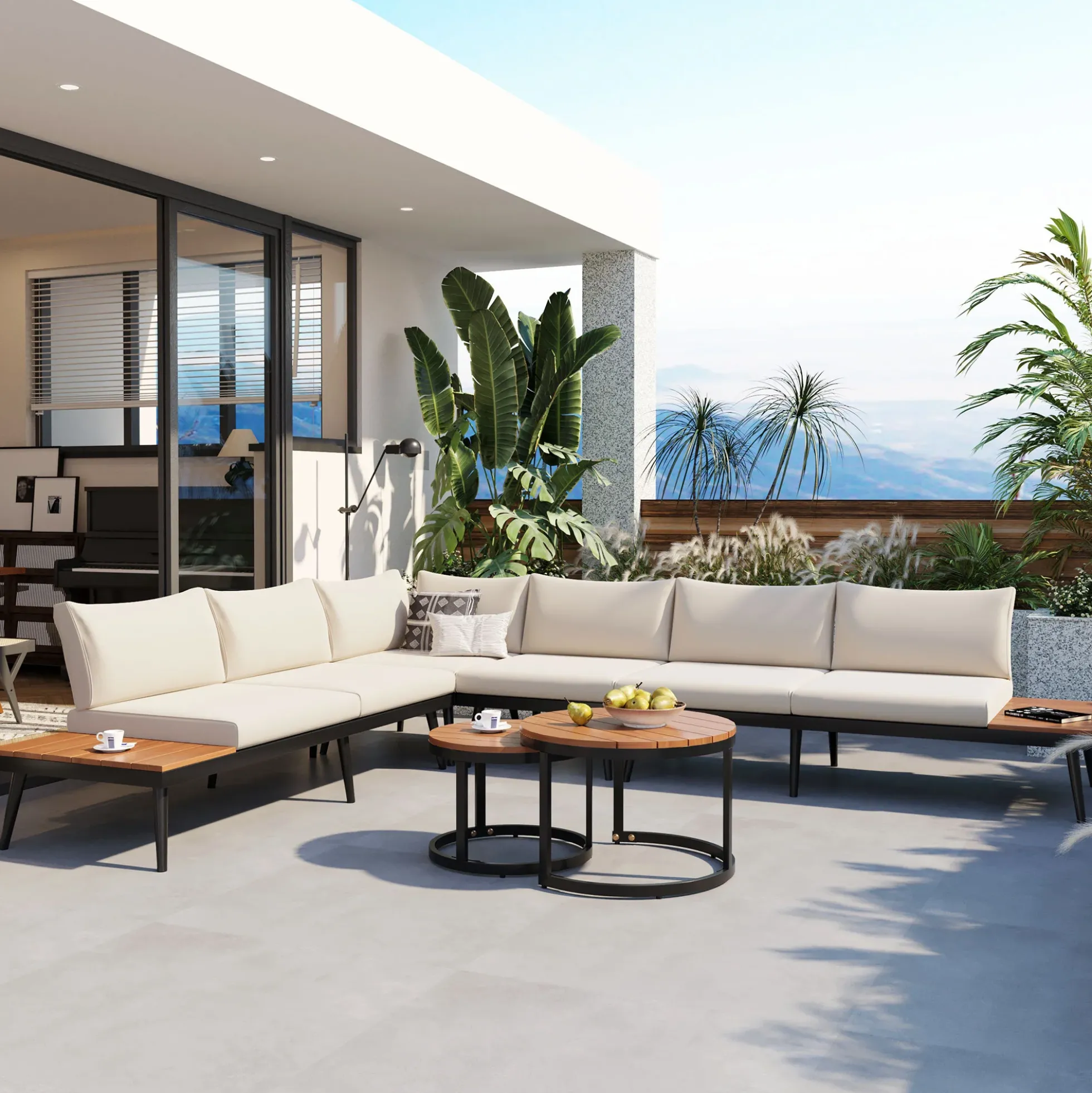 Walker Edison | 6-Piece Outdoor Sectional Sofa Set with Nesting Coffee Tables Beige