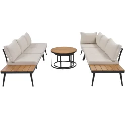 Walker Edison | 6-Piece Outdoor Sectional Sofa Set with Nesting Coffee Tables Beige