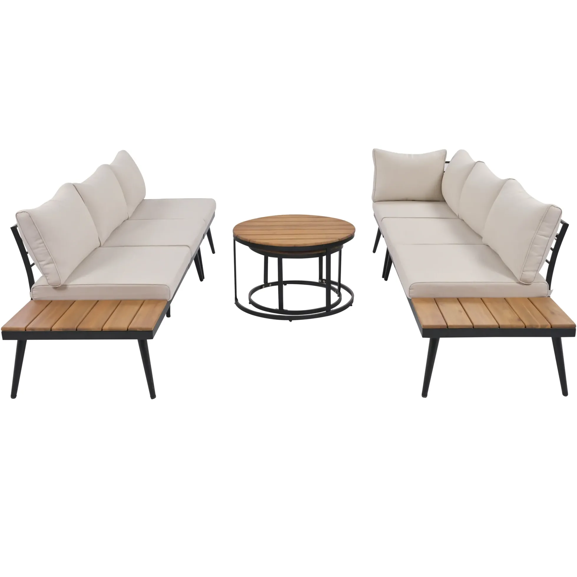 Walker Edison | 6-Piece Outdoor Sectional Sofa Set with Nesting Coffee Tables Beige
