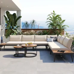 Walker Edison | 6-Piece Outdoor Sectional Sofa Set with Nesting Coffee Tables Beige