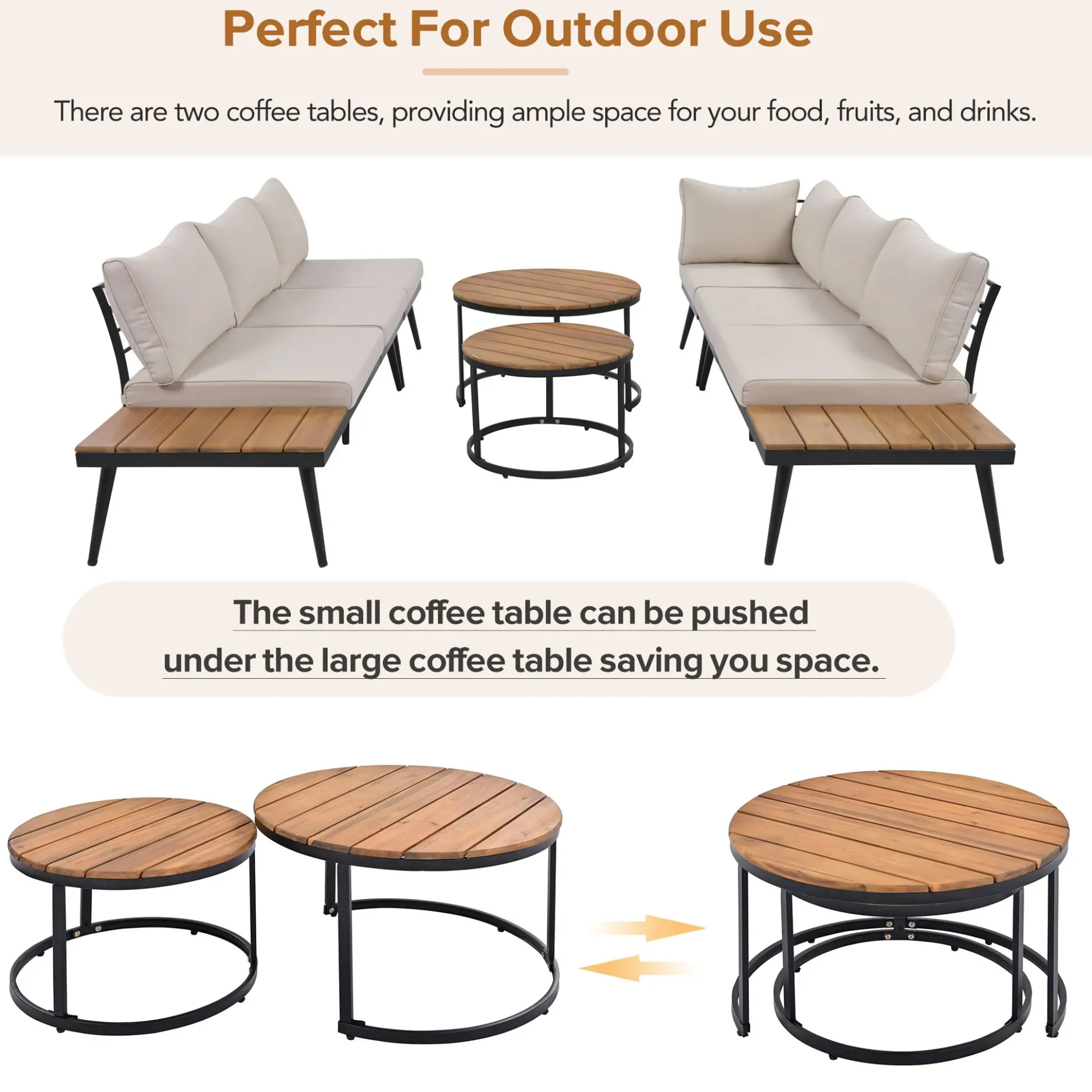 Walker Edison | 6-Piece Outdoor Sectional Sofa Set with Nesting Coffee Tables Beige