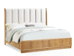 Walker Edison | Queen Upholstered Headboard with Rich Natural Wood Finish Platform