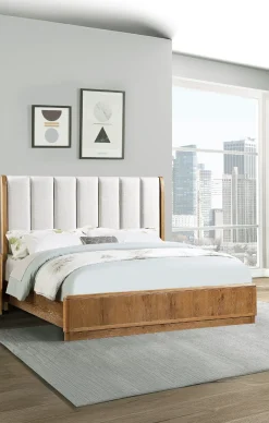 Walker Edison | Queen Upholstered Headboard with Rich Natural Wood Finish Platform