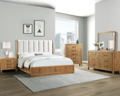 Walker Edison | Queen Upholstered Headboard with Rich Natural Wood Finish Platform