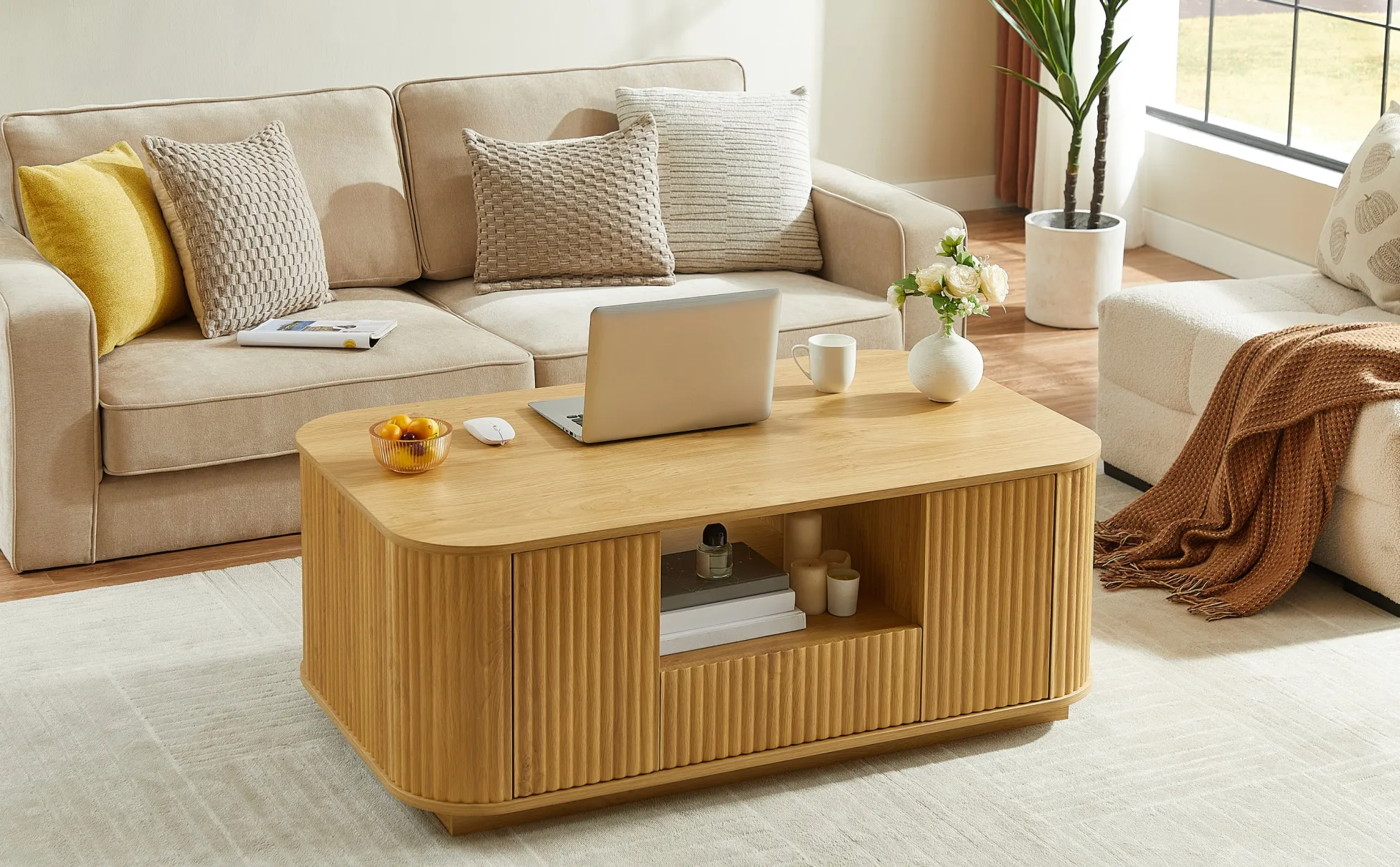 Walker Edison | Reeded Modern Curve Design Storage Coffee Table