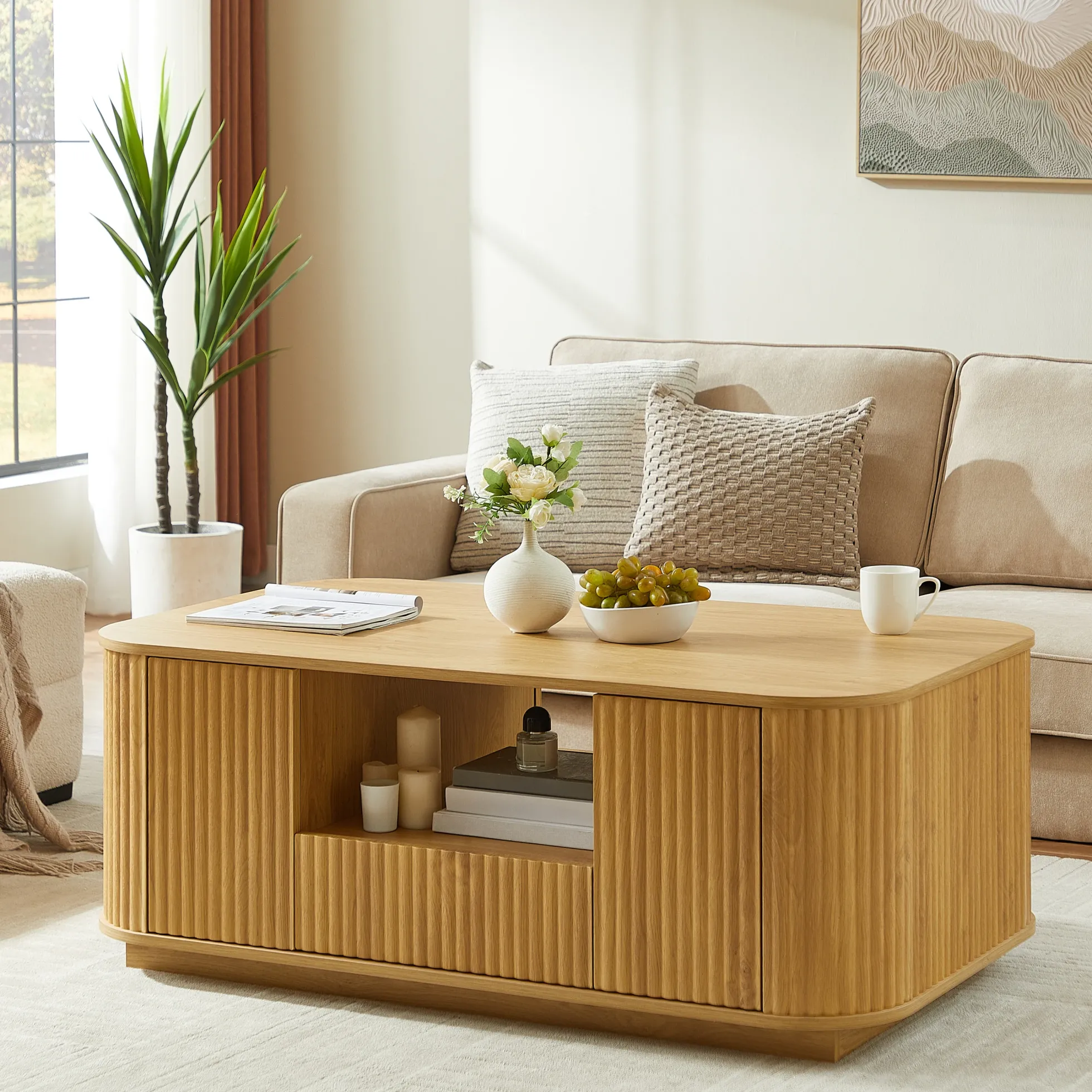 Walker Edison | Reeded Modern Curve Design Storage Coffee Table