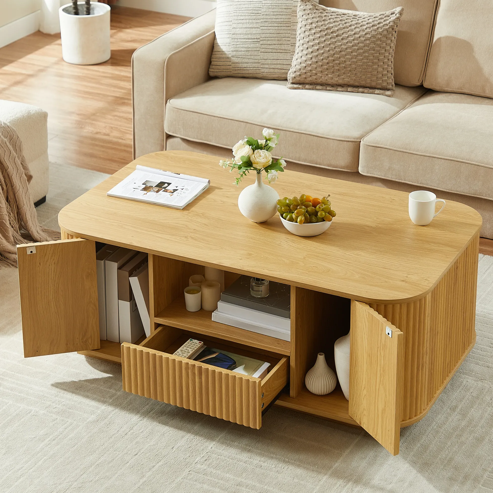 Walker Edison | Reeded Modern Curve Design Storage Coffee Table