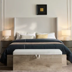 Walker Edison | Shelton 54' Queen Upholstered Wingback Bed and Wood Base