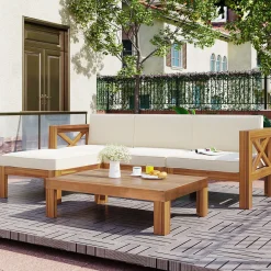 Walker Edison | Sleek Modular Wood Outdoor Patio 5-Piece Sectional Sofa Set