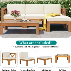 Walker Edison | Sleek Modular Wood Outdoor Patio 5-Piece Sectional Sofa Set