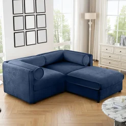 Walker Edison | Stylish Blue Chenille Loveseat Sofa with Ottoman Storage Seat
