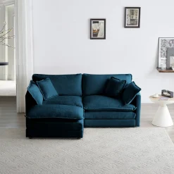 Walker Edison | Teal Cloud Chenille Two-Seater Loveseat Sofa with Ottoman