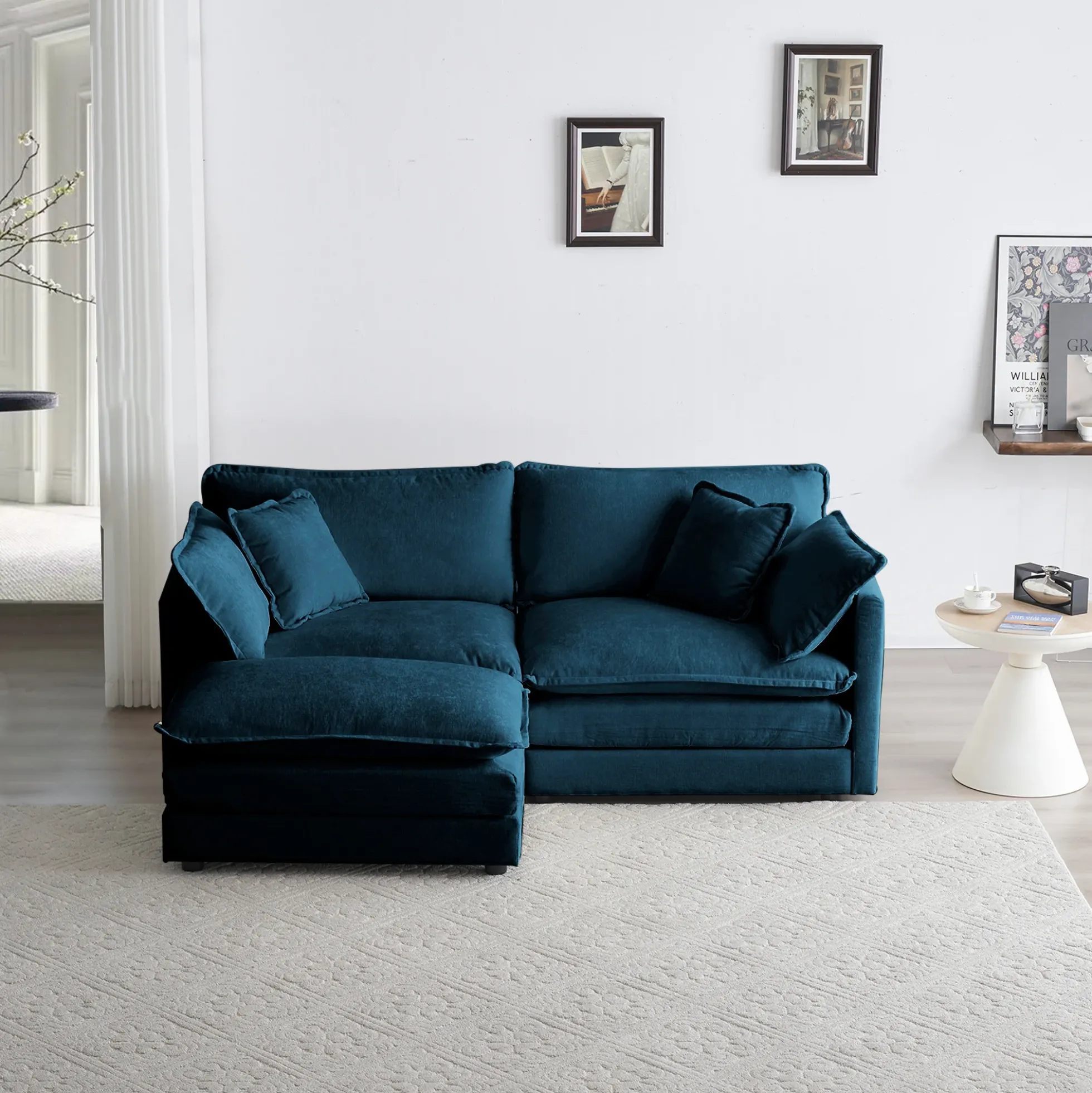 Walker Edison | Teal Cloud Chenille Two-Seater Loveseat Sofa with Ottoman