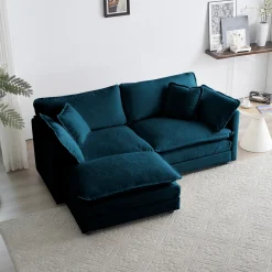 Walker Edison | Teal Cloud Chenille Two-Seater Loveseat Sofa with Ottoman