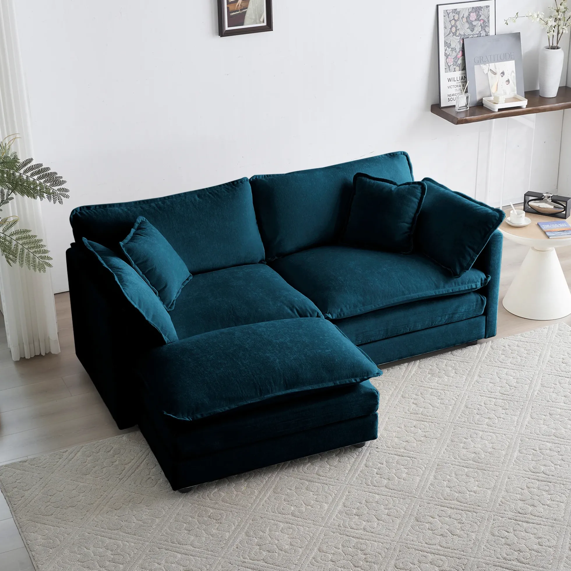 Walker Edison | Teal Cloud Chenille Two-Seater Loveseat Sofa with Ottoman