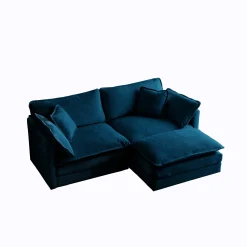 Walker Edison | Teal Cloud Chenille Two-Seater Loveseat Sofa with Ottoman