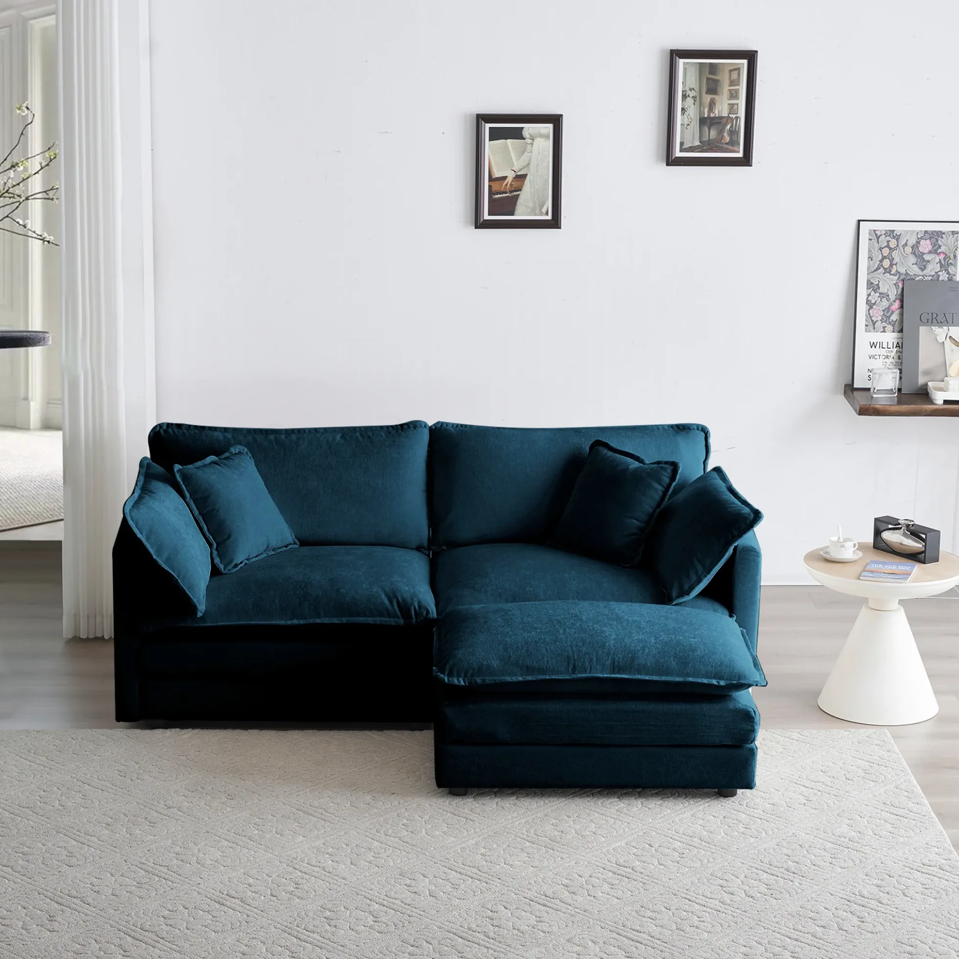 Walker Edison | Teal Cloud Chenille Two-Seater Loveseat Sofa with Ottoman