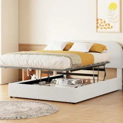 Walker Edison | Teddy Full Size Upholstered Platform Bed with Hydraulic Storage