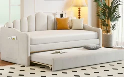 Walker Edison | Velvet Twin Size Sofa Bed with Trundle and USB Charging Ports