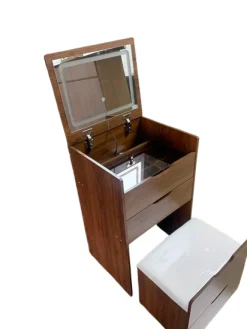 Walker Edison | Walnut 3 in 1 Vanity Desk with Flip Top Mirror & Cushioned Stool