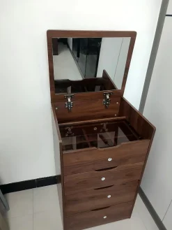 Walker Edison | Walnut 3 in 1 Vanity Desk with Flip Top Mirror & Cushioned Stool