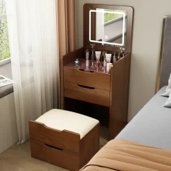 Walker Edison | Walnut 3 in 1 Vanity Desk with Flip Top Mirror & Cushioned Stool