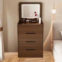 Walker Edison | Walnut 3 in 1 Vanity Desk with Flip Top Mirror & Cushioned Stool