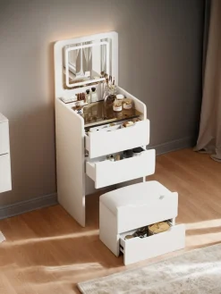 Walker Edison | White 3 in 1 Vanity Desk Set with Flip Top Mirror & Storage