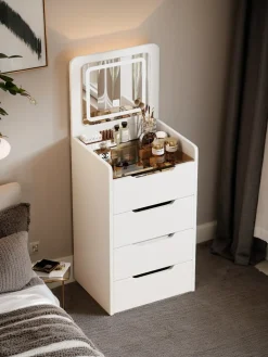 Walker Edison | White 3 in 1 Vanity Desk Set with Flip Top Mirror & Storage