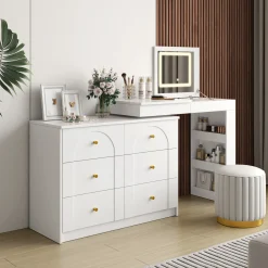 Walker Edison | White Multi-Functional Vanity Desk Dresser Set with Flip Mirror and Lights